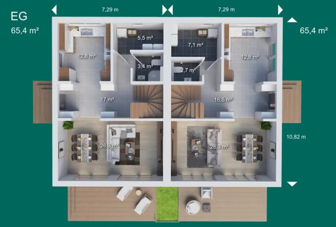 Grundriss eines Wohnhauses mit vier Zimmern und einem zentralen Wohnzimmer.