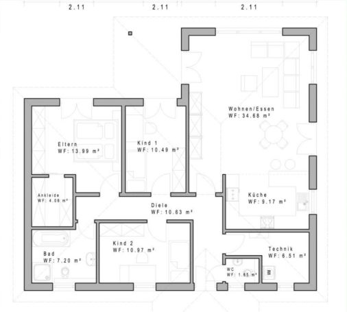 Grundriss eines Hauses mit sechs Räumen und einer offenen Küche. Flächenangaben vorhanden.