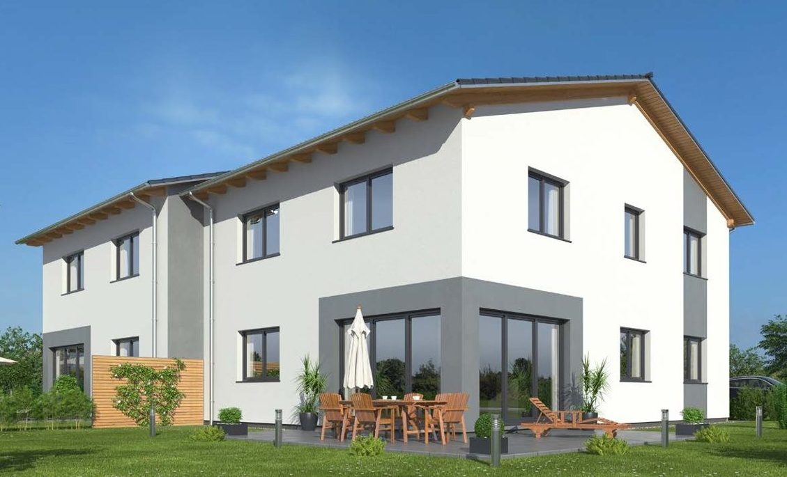 Modernes zweigeschossiges Haus mit Terrasse und Sitzgelegenheiten im Freien.