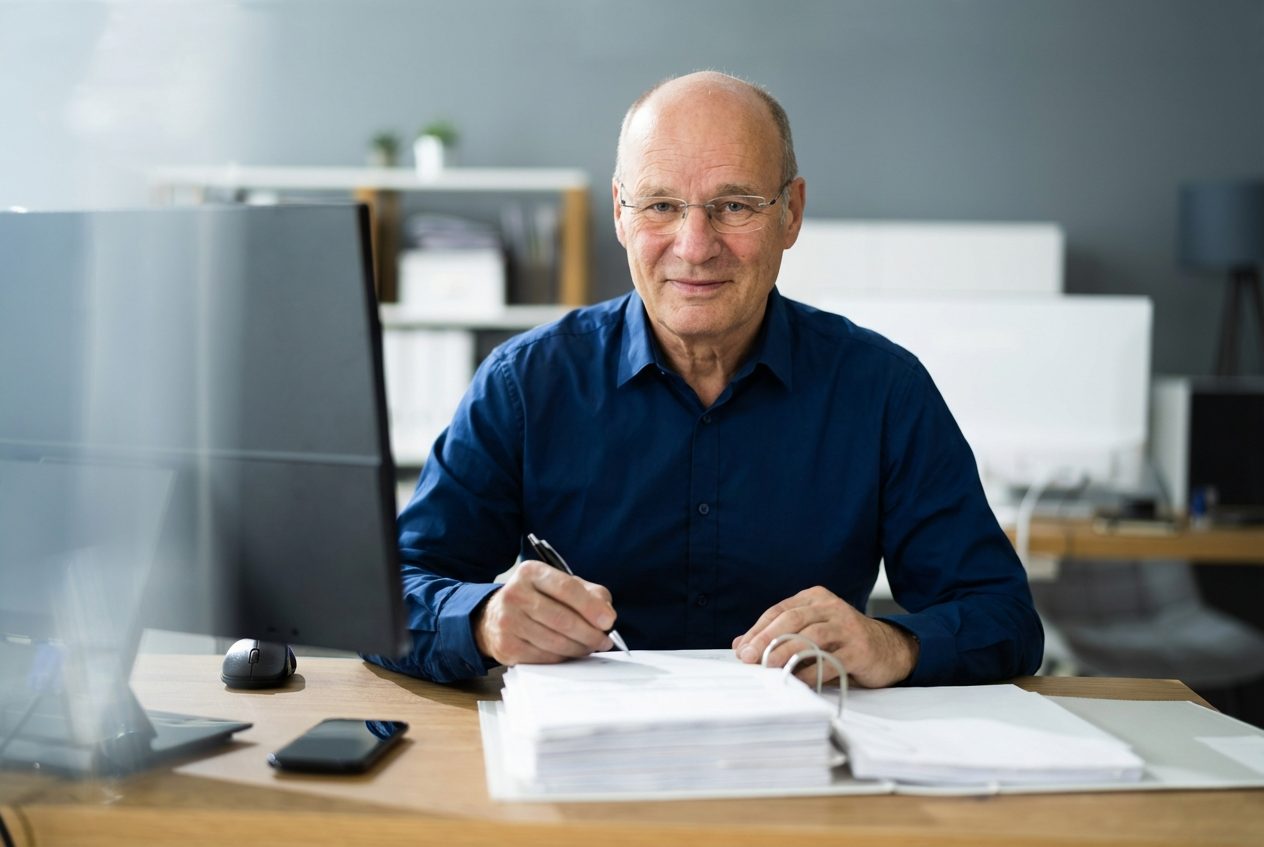 Älterer Mann mit Brille, der am Schreibtisch sitzt und Notizen macht.