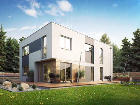 Modernes, zweigeschossiges Haus mit großen Fenstern und Gartenlandschaft.