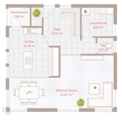 Grundriss einer Wohnung mit Wohnzimmer, Küche, Schlafzimmer und Badezimmer.