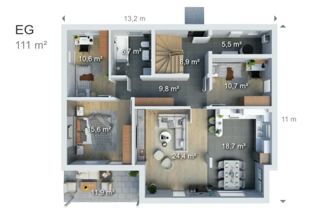 Grundriss eines Hauses mit mehreren Räumen, Küche, Wohnzimmer und Treppe.