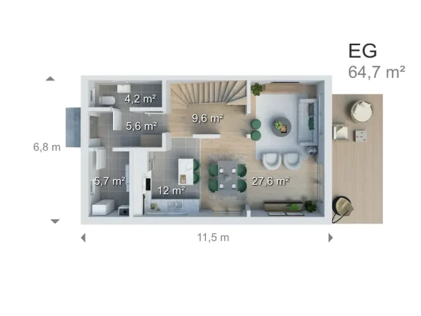 Grundriss einer Wohnung im Erdgeschoss mit verschiedenen Räumen und Anordnung von Möbeln.