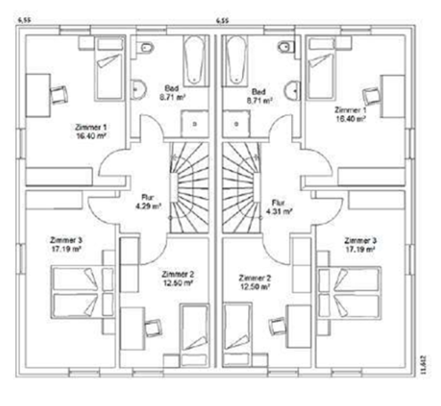 Grundriss eines Hauses mit vier Zimmern, jeweils mit Bad und gemeinsamen Flur.