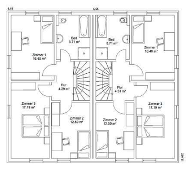 Obergeschoss Grundriss eines Mehrfamilienhauses mit vier Wohnungen und gemeinsamer Treppe.