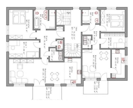 Grundriss eines modernen Hauses mit mehreren Räumen und klaren Raumaufteilungen.
