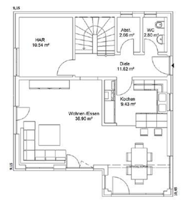 Erdgeschoss Grundriss eines Hauses mit Wohnzimmer, Küche, Diele und Treppe.