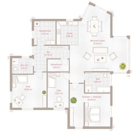 Grundriss einer Wohnung mit fünf Räumen, Küche, Bad und Wohnzimmer.