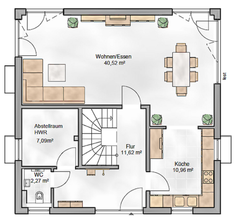 Grundriss eines Hauses mit Wohnzimmer, Küche und Essbereich.