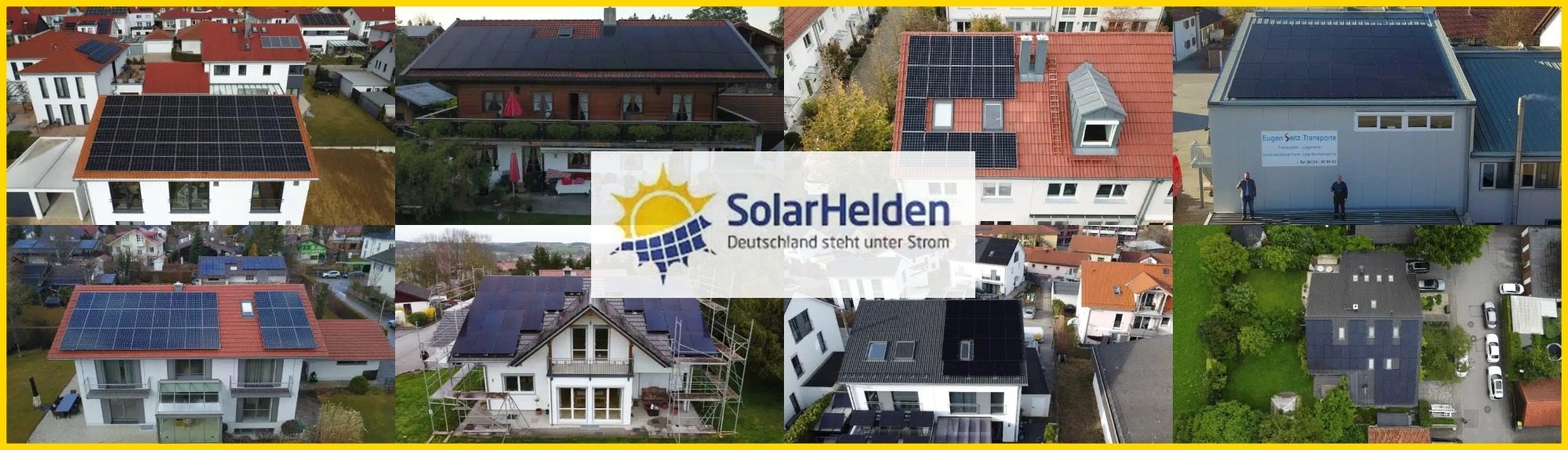 Dachansicht von mehreren Gebäuden mit Solaranlagen und einem Logo in der Mitte.
