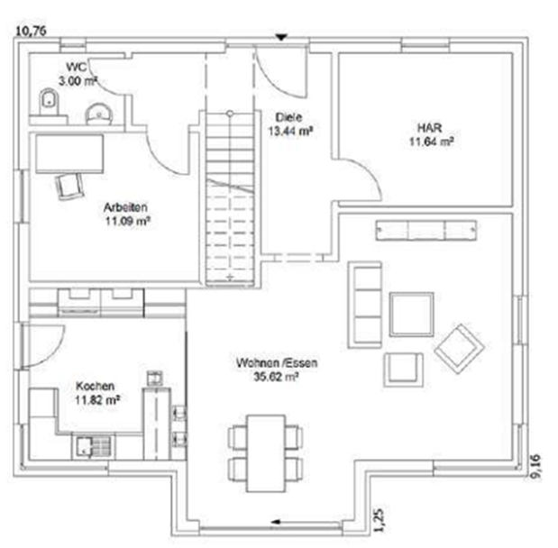 Erdgeschoss Grundriss eines Hauses mit Zimmern wie Küche, Essbereich und Wohnzimmer.
