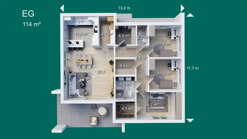 Grundriss einer Wohnung im Erdgeschoss mit mehreren Zimmern und offenen Wohnbereichen.