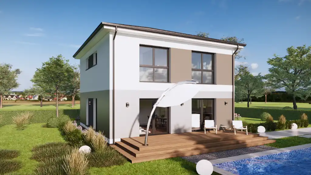 Ansicht Ein modernes, zweigeschossiges Haus mit großen Fenstern und Terrasse, umgeben von Grünflächen.