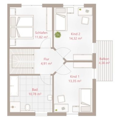 Grundriss einer Wohnung mit drei Zimmern, Bad und Flur. Flächenangaben sind angegeben.