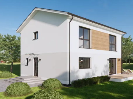 Modernes zweistöckiges Haus mit großen Fenstern und Holzverkleidung, umgeben von Rasen.