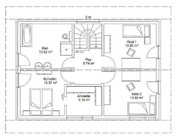 Grundriss einer Wohnung mit Wohnbereich, Küche, Badezimmer und zwei Schlafzimmern.