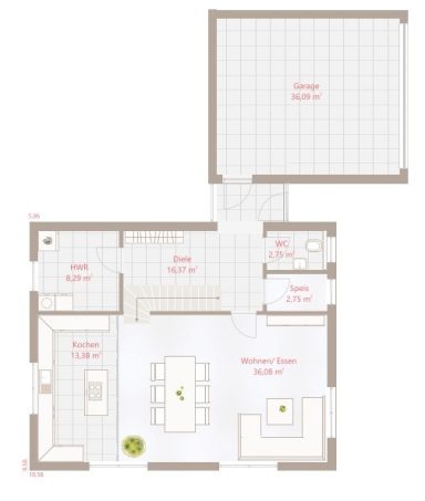 Grundriss einer Wohnung mit Wohnbereich, Küche, Bad und einem zusätzlichen Raum.