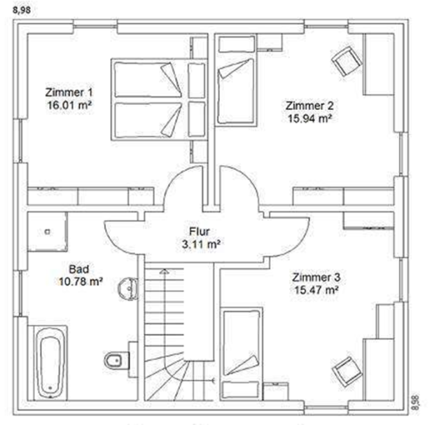 Obergeschoss Grundriss eines Hauses mit drei Zimmern, Badezimmer und zentralem Flur.