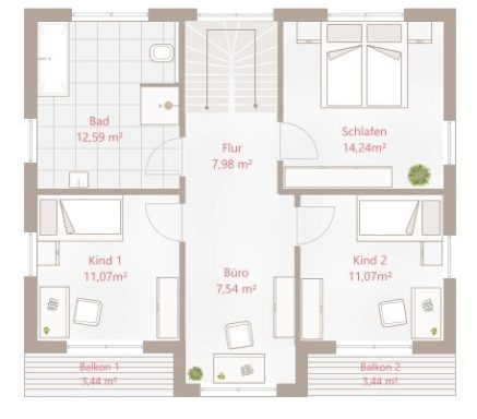 Grundriss einer Wohnung mit zwei Schlafzimmern, Bad und Wohnbereich. Flächenangaben inklusive.