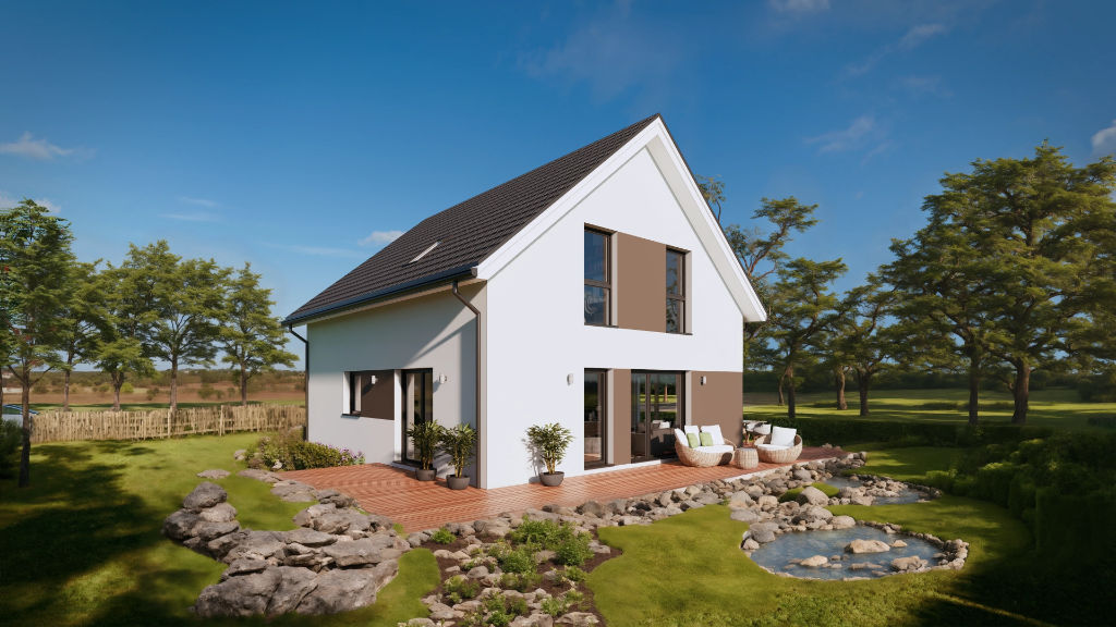 Ansicht Modernes Einfamilienhaus mit Garten, Terrasse und nahen Bäumen in sonniger Umgebung.