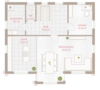 Grundriss eines Hauses mit Wohn-, Ess- und Schlafzimmer sowie Küche und Bad.