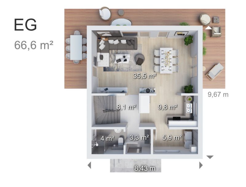 Erdgeschoss Grundriss einer 2-Zimmer-Wohnung im Erdgeschoss mit Küche, Bad und Wohnbereich.
