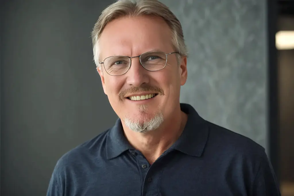 Thomas Bärtle Mann mit Brille und Grauhaar, lächelnd vor einer modernen Wand.