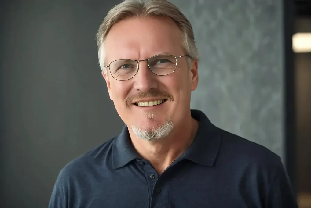 Männlicher Senior mit Brille, freundlichem Lächeln und grauen Haaren, trägt ein dunkles Polohemd.