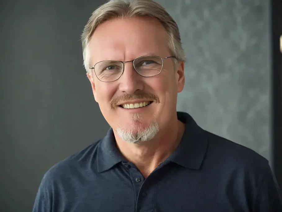 Ein lächelnder Mann mit Brille und grauen Haaren, trägt ein dunkelblaues Polo-Shirt.