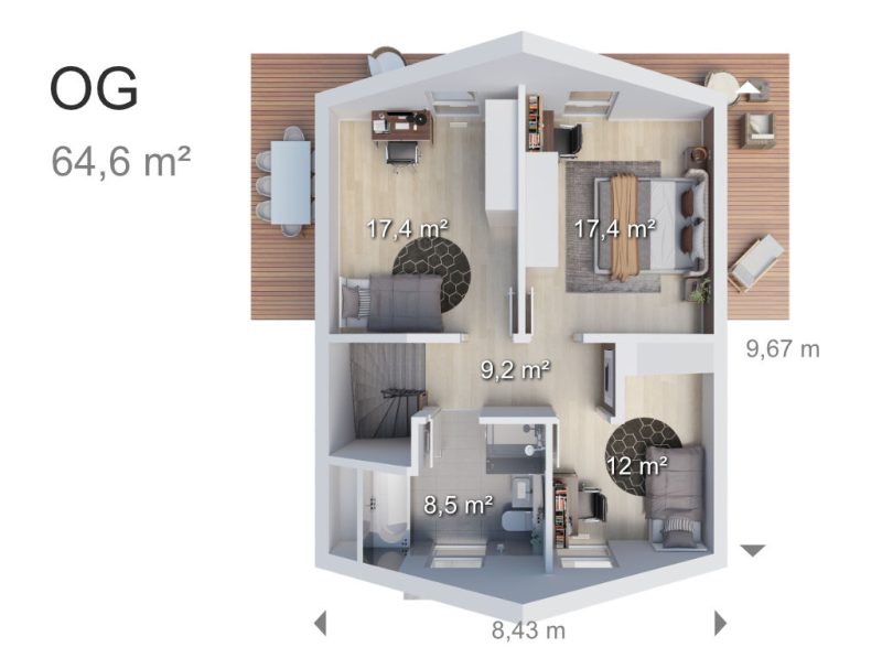Dachgeschoss Grundriss eines sechseckigen Hauses mit 3 Zimmern und offenem Wohnbereich.