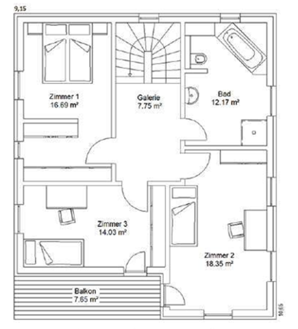 Obergeschoss Grundriss eines Einfamilienhauses mit mehreren Zimmern, Küche und Badezimmer.