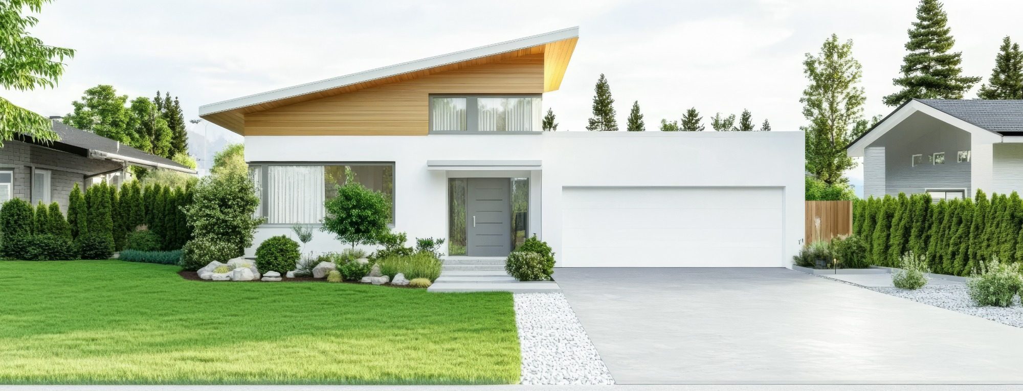 Modernes Einfamilienhaus mit schrägem Dach, gepflegtem Garten und Auffahrt.
