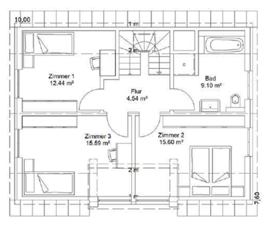 Grundriss eines Hauses mit drei Zimmern, Bad und Gemeinschaftsbereich.