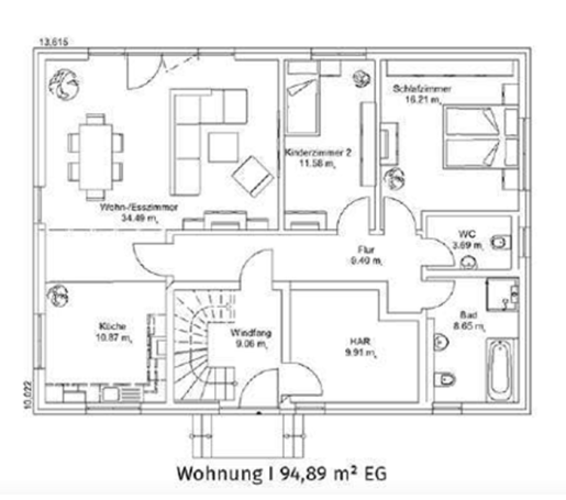 Grundriss einer Wohnung mit Wohnzimmer, Schlafzimmer und Küche. Fläche: 94,89 m².