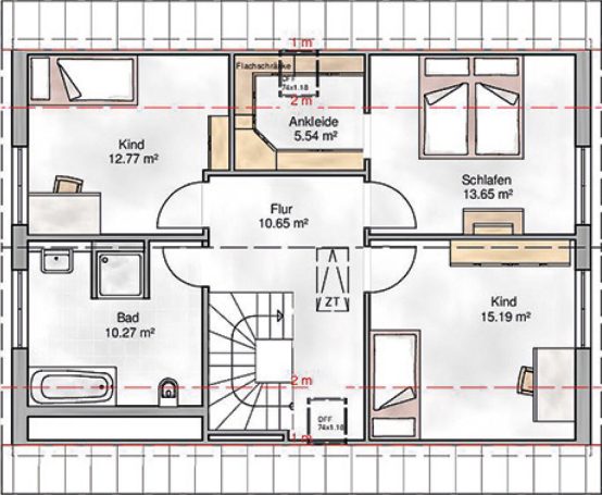 Grundriss eines Hauses mit zwei Kinderzimmern, Wohnzimmer, Küche und Bad.