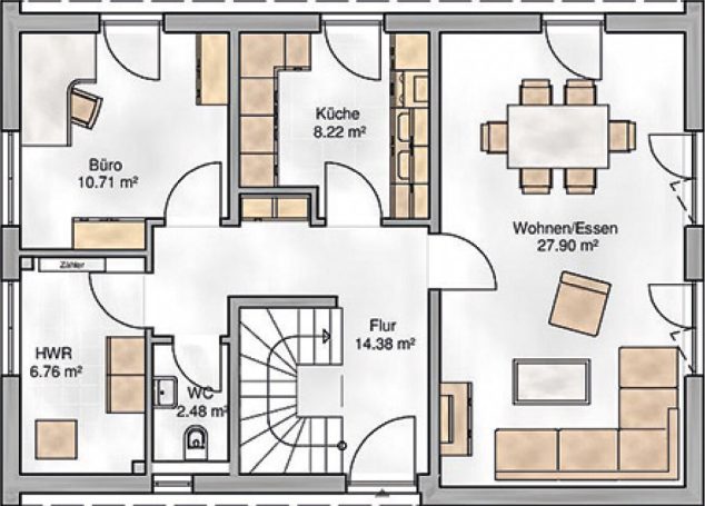 Grundriss einer Wohnung mit Küche, Essbereich, Wohnzimmer und Flur.