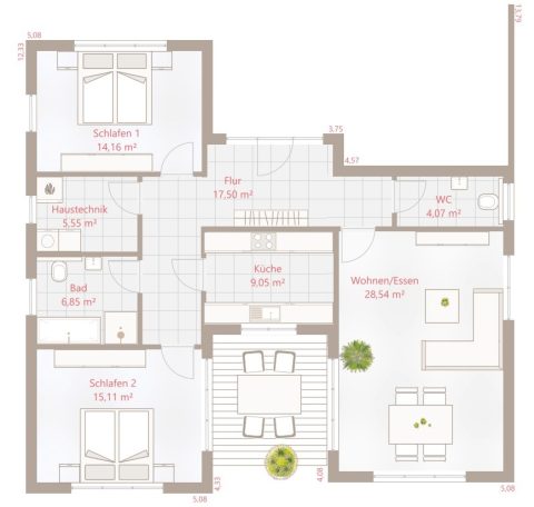 Grundriss eines Hauses mit drei Schlafzimmern, Wohnzimmer, Küche und Essbereich.