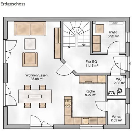 Grundriss eines Erdgeschosses mit Wohnbereich, Esszimmer, Küche, WC und Flur.