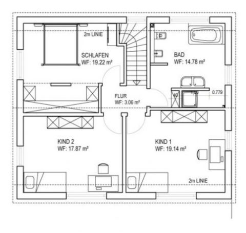 Grundriss eines Hauses mit Schlafzimmer, Bad, Flur und zwei Kinderzimmern.