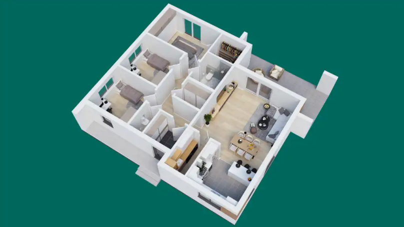 3D Grundriss einer Wohnung mit mehreren Zimmern und offenem Wohnbereich.