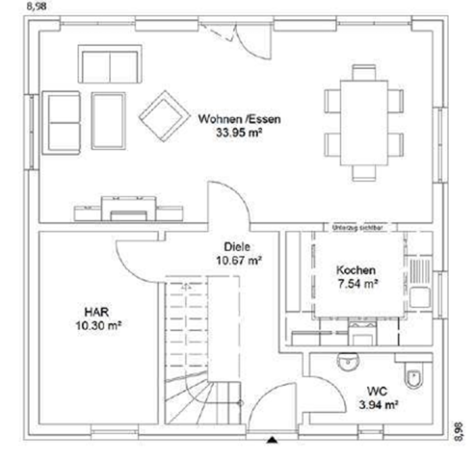 Grundriss eines Hauses mit Wohnzimmer, Esszimmer, Küche und Badezimmer.