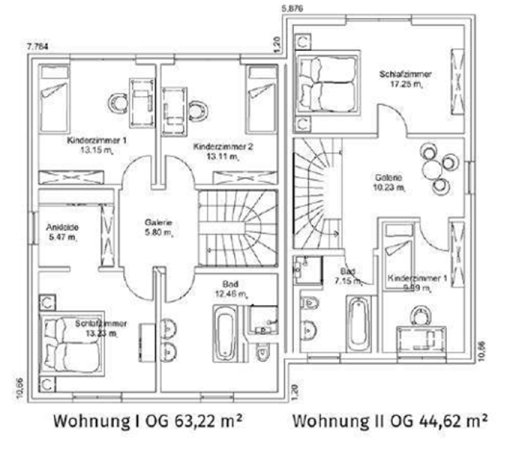 Grundriss einer Doppelhaushälfte mit zwei Wohnungen und jeweiligen Flächenangaben.
