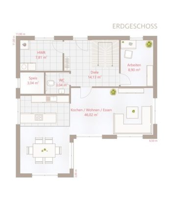 Grundriss einer Wohnung mit einem offenen Wohnbereich, Küche und zwei Schlafzimmern.