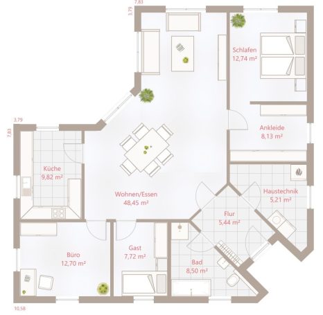 Grundriss einer Wohnung mit mehreren Zimmern, Küche und Essbereich.