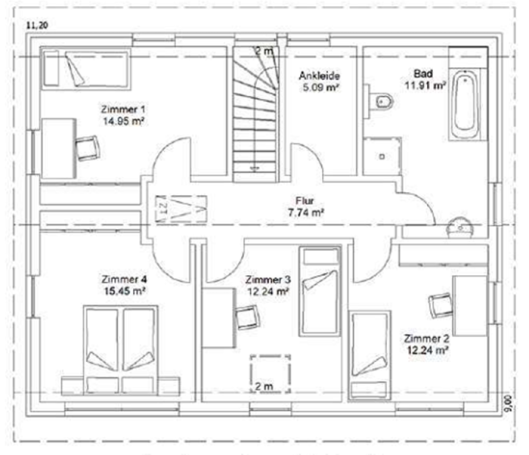 Grundriss eines Hauses mit vier Zimmern, Treppe, Bad und Küche.