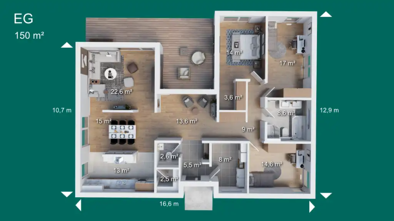 Grundriss einer Wohnung mit mehreren Räumen und offener Wohnküche, insgesamt 150 m².
