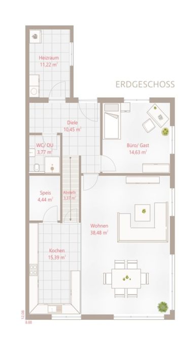 Grundriss einer Wohnung mit mehreren Zimmern und einem offenen Wohnbereich.