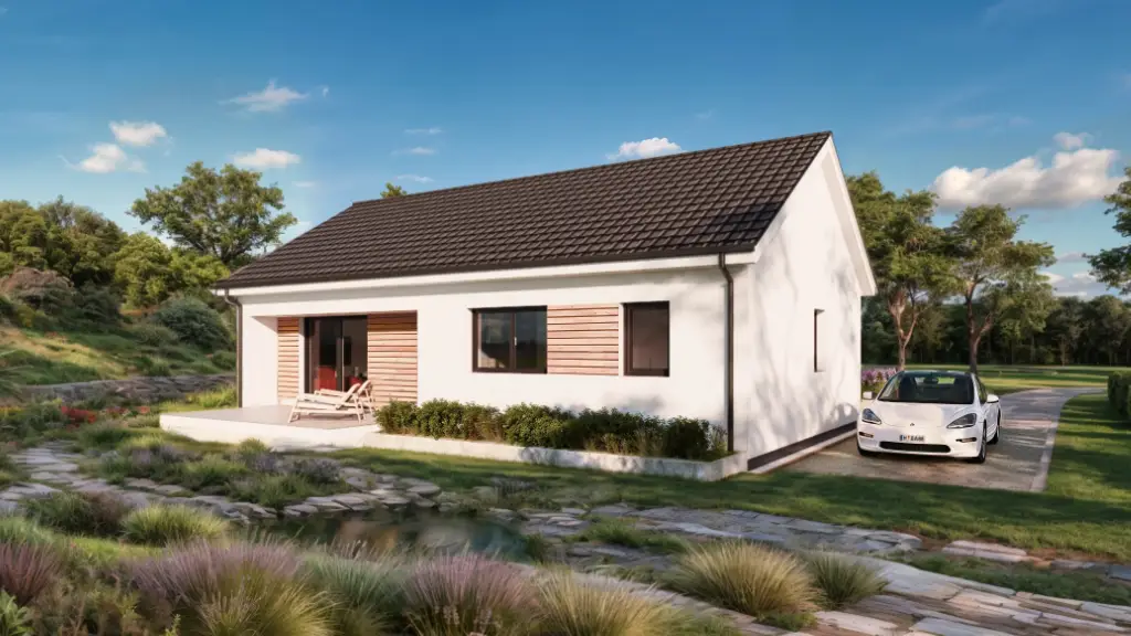 Ansicht Moderne, einstöckige Wohnung mit Holzverkleidung und Parkplatz in ruhiger Umgebung.