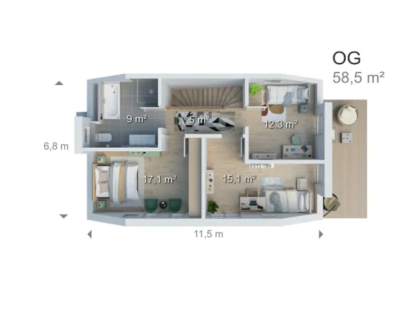 Grundriss einer Wohnung im Obergeschoss mit zwei Schlafzimmern und offenem Wohnbereich.